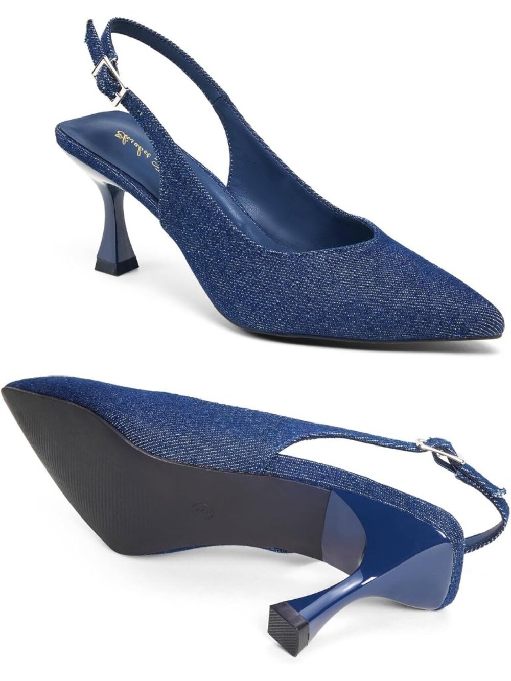 Women's Blue Kitten Heel Slingback Low 3 Inches Stiletto Pointed Toe Elegant - Picture 4 of 7